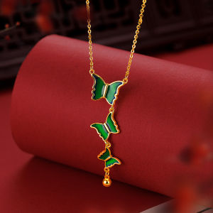 Rantai emas 916 original luxury niche design enamel dancing green butterfly necklace