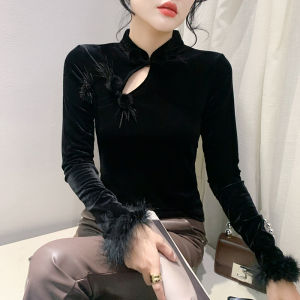 Yimei Mới Của Trung Quốc Nút áo nhung nữ lớn Của 2023 Mùa Thu/Mùa Đông thời trang mới Và Tây Hóa Cao Cấp Sang Trọng tay áo dài áo thun màu đen