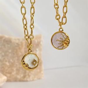 18K Gold Stainless Steel Sun Moon Necklace Mother of Pearl Coin Pendant  necklace European and American Ornament