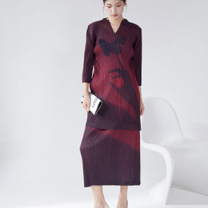 Women Pleated Two-pieces Set Gradient Color Vintage Light Luxury #26805zsj--Z6026-1