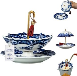 Umbrella Tea Infuser Ceramic Tea Strainer Umbrella Shape Diffuser-Tea Accessories Blue and White Porcelain Cup Filter Loose Leaf Tea with Matching Base Traditional Oriental Kung Fu