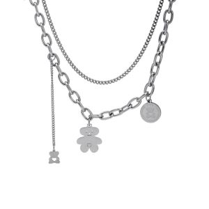 MQJEWELRY Stainless Steel Double Layer Bear Necklace Ins Hip Hop Choker Chain Necklace Women Fashion Accessories 钛钢双层熊项链