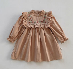 Gấu Lãnh Đạo Cửa Hàng Dresses Cho 2-3-4-5-6-7 Năm Cô Gái hoa hồng mùa xuân Mới thêu hoa Dài Tay Áo Pháp Công Chúa ĐẦM MÙA THU Trẻ Em trang phục mùa thu
