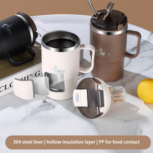 VIVOLILV 600ml Stainless Steel Coffee Cup With High Appearance Spoon Lid Handle Straw Mug Portable Travel 304 Stainless Steel Vacuum Bottle Insulated Cup