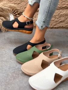 [Free Shipping] Baotou WomenS Sandals 2025 Summer New Collection Featuring A Hollow Design Breathable Material And A Wedge Heel With Stitched Detailing