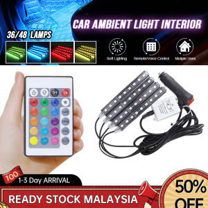 4Pcs Car LED RGB Strip Light 36LED/48LED Car Interior Atmosphere Light Voice-activated LED Room Decorative Car Foot Lamp with Remote Control Under Dashboard Seat light lampu led kereta