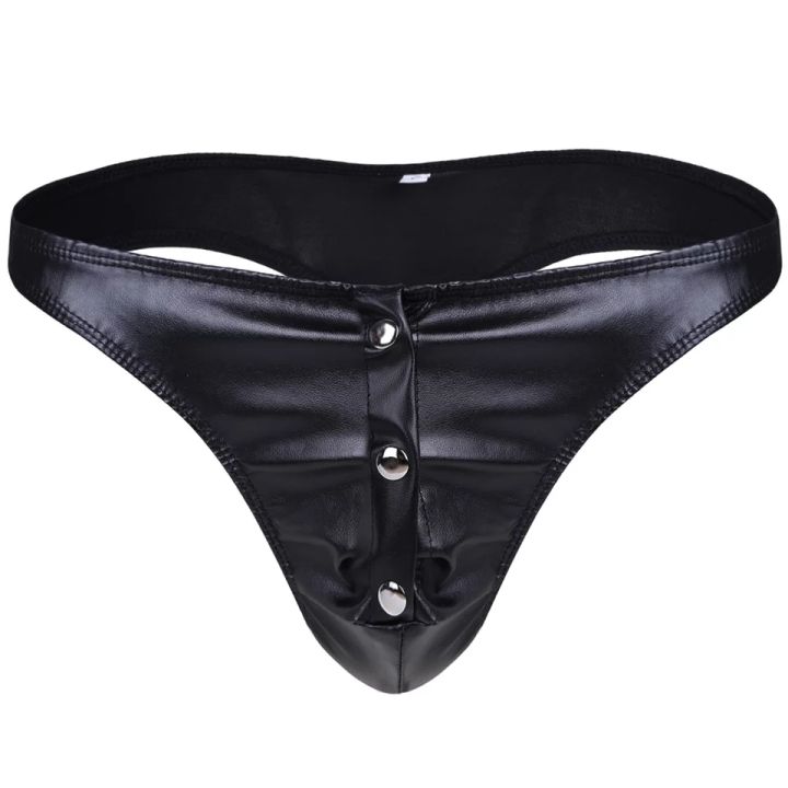 Black Leather Low Rise Bikini Latex Briefs With Open Crotch And
