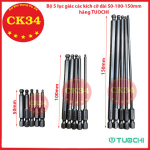Bộ 5 lục giác bi bóng các kích cỡ dài 50-100-150mm hãng TUOCHI chuôi lục giác cho máy khoan bắn vít