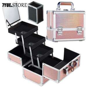 QIYUE 3-Tier Sparkly Lockable Aluminum Makeup Case With Mirror Diamond Patterned Folding Cosmetic Box Professional Manicure Tool Organizer Case Large Travel Storage Case