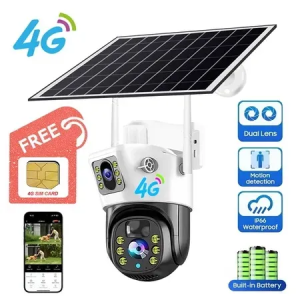 V380 Pro Solar CCTV Camera Dual Lens 8MP Outdoor Waterproof 10X Zoom Wireless IP Camera No WIFI Needed Built-in Battery Infrared night vision two-way audio remote monitoring camera Free SIM Card