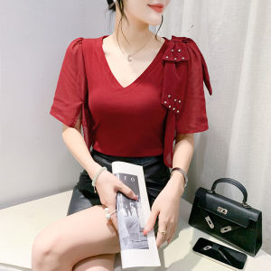 Yimei Áo thun cotton Mới Mùa Hè đỏ xinh đẹp áo cổ chữ V tay chiffon ngắn viền xếp nếp độc đáo và thời trang thiết kế cho nữ mới 2024
