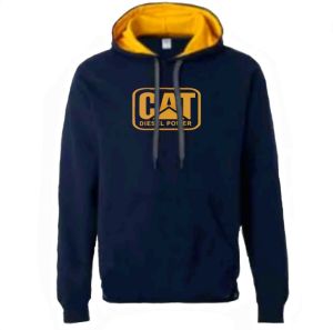 Jaket Hoodie PullOver Caterpillar Bahan Kain Flecee Warna Biru Tua Kombinasi Kuning Atasan Pria/Wanita Lengan Panjang Ready Size S/M/L/XL/XXL