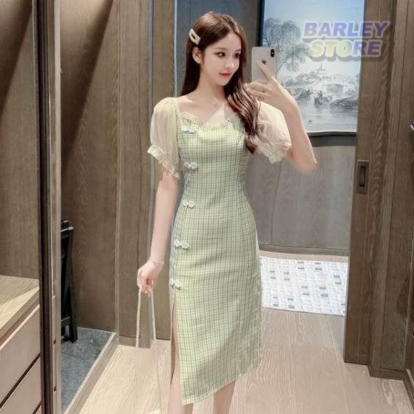 green emerald velvet dress GPPZM Dress Women's Puff Sleeves Cute Korean Women's High Waist Design  Solid Color Elegant Summer Temperament (Color : C, Size : L code): Buy  Online at Best Price in UAE