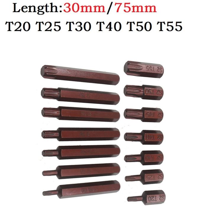 【HOMESTYLISH】 Single Hexagonal Torx Bit 30mm & 75mm Hex Shank T20/T25/T30/T40/T45/T50/T55 Steel Hardened Stylish Store New