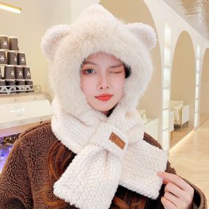 MEMGOUO Plush Integrated Cap Scarf Windproof Thickening Beanie Hat Scarf Winter Warm Neck Warmer for Women