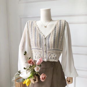 Korean Style Women Fashion French Knitted Bubble Long Sleeve Blouse Jacket Top T-040