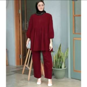 Setelan Rayon Twill Premium one set atasan plus celana stylish modern kekinian bahan adem lembut tidak menerawang outfit wanita remaja baju muslim pengajian kondangan pakaian baru best seller bagus berkualitas rapih size S M L XL XXL setcel terbaru busui