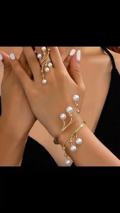 2PCS Womens Gold Pearl Branch Jewelry Set - Elegant Irregular Geometric Bracelet & Ring