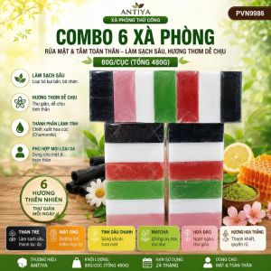 🌿 Combo 6 Xà Phòng Thủ Công Antiya 80g/Cục_ 480g Rửa Mặt & Tắm Toàn Thân Làm Sạch Sâu Hương Thơm Dễ Chịu PVN9987