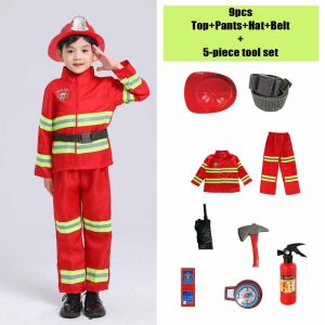ชุดนักดับเพลิงสำหรับเด็กเด็กหญิงเด็กชายเสื้อผ้าทำงานอาชีพนักดับเพลิงวันฮาโลวีนชุดเครื่องแบบเข็มขัดชุดแต่งกายเทศกาลบนเวทีสำหรับเด็ก