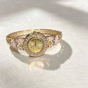 New in stock floral butterfly enamel bracelet watch for women full diamond colored enamel spring bracelet watch light luxury for ladies