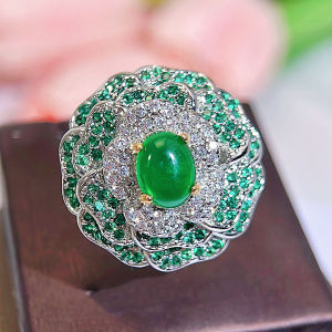 SEQUITO Newest Style Ladies White Gold Plated Jewelry Micro Pave Green White Crystal Stone 3D Geometry Flower Delicate Adjustable Ring for Engagement SR148