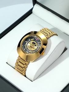 Mens gold-colored diamond-embellished waterproof steel band quartz business watch