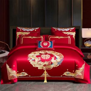 Bedding four-piece wedding four-piece set big red dragon and phoenix embroidery four-piece wedding wedding wedding bedding (bed sheet * 1 quilt cover * 1 pillowcase * 2)