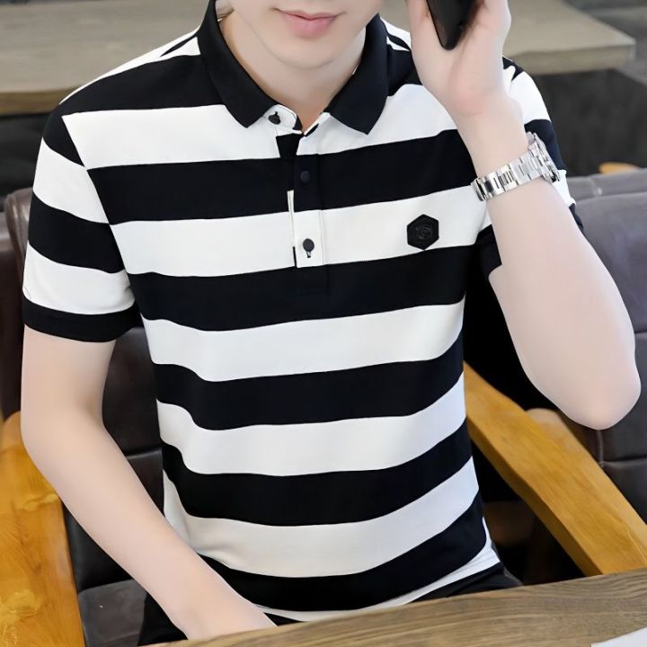 2024 Summer New Polo Shirt Men's Fashion Korean Style Male T-shirt Thin  Plus Size Casual Stripe Business Man Tops