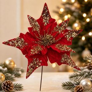 MODERNLUX Silk Fabric Christmas Tree Decorations Artificial Design 28CM Fake Flower Ornaments Festive Sequin Material Table Flower Decoration Christmas Season
