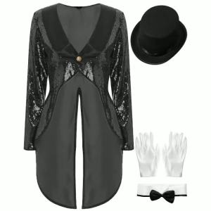 Women Halloween Magician Cosplay Costume Circus Ringmaster Showman Performance Outfit Sequin Tailcoat with Hat Bow Collar Gloves2026