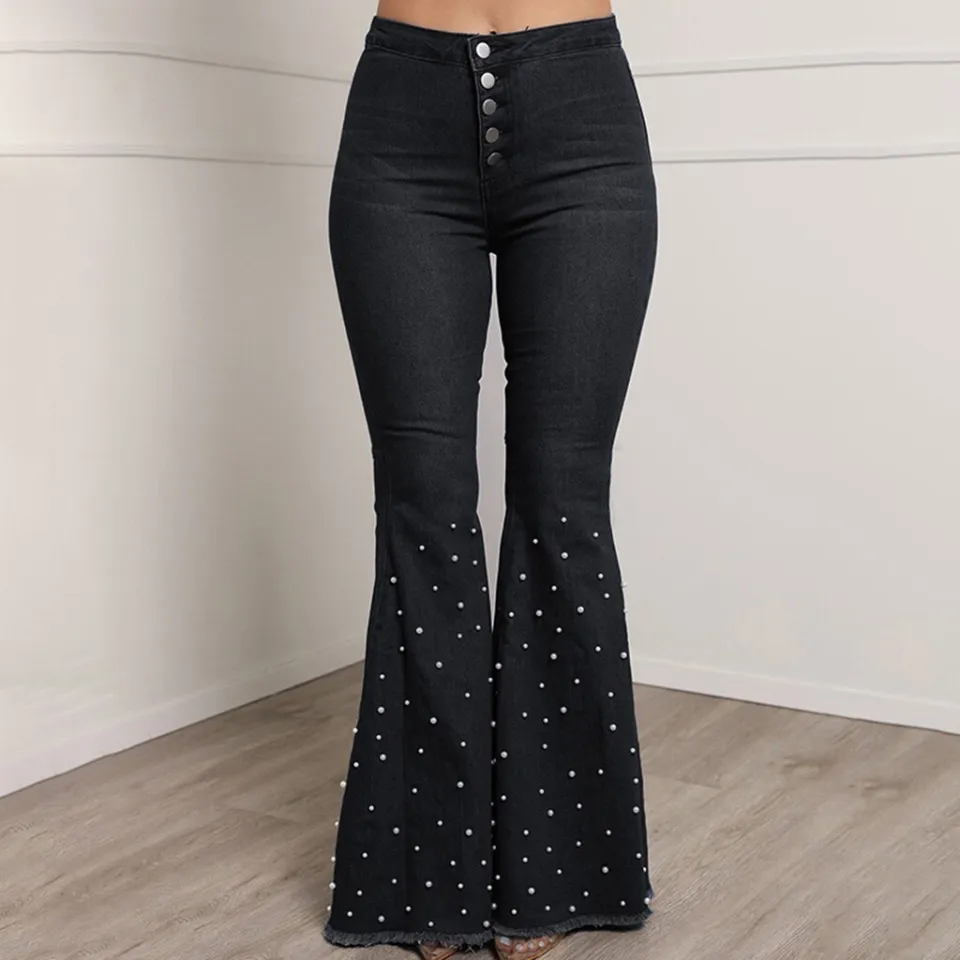 Women's High Waist Jeans Button Tassel Pants Trousers Bell-bottom Pants