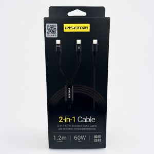 Pinsheng Shuang type-c Two in One 60W Fast Charging Data Cable Dual-Port Nylon Braided Charging Cable for Car Fast Charging