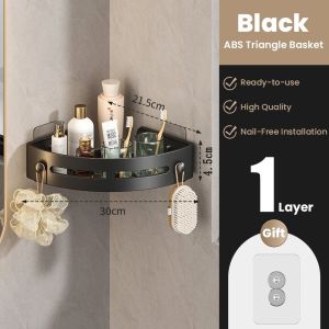 Bathroom Corner Shelf Rack Wall Mounted Punch-free Triangle Storage Rack With Hooks Shower Organizer