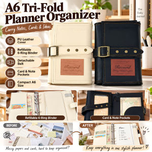 A6 PU Leather Journal Notebook Swiss Style Tri Fold Refillable Loose Leaf Diary Detachable Strap Student Planner Organizer School Office Supplies