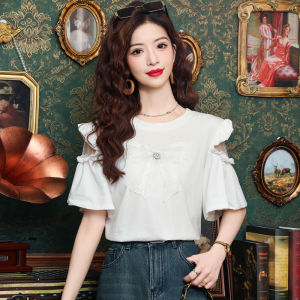 Ammin 2024 đơn giản Mới Mùa Hè cổ tròn thời trang khoét lỗ lưới tay ngắn áo voan phụ nữ ngọt ngào đính cườm nơ tôn tạo áo blouse thanh lịch