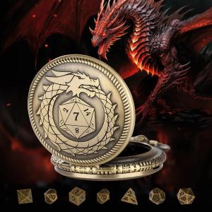 Dragon Pocket Watch Case with 7pcs Metal Polyhedral Dice jewelry case retro flip Dinosaur pocket watch case waist chain DND Dice