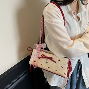 RJZ28 Contrast Color French Stick Handbag Sweet Lace Ribbon Bow PU Shoulder Bag High Quality Large Capacity Underarm Bags Women