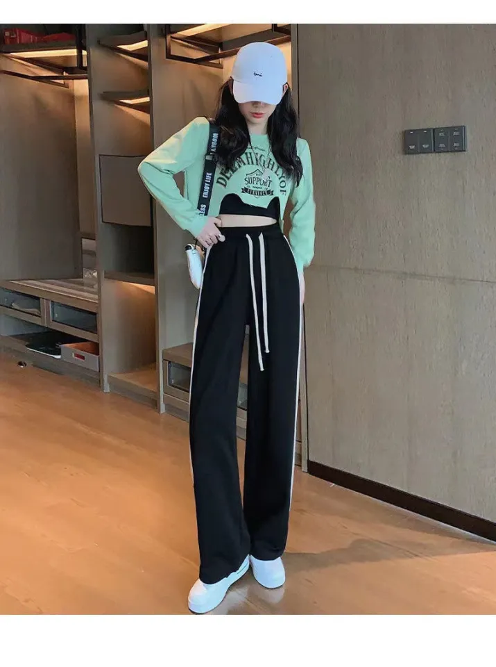 Wide leg pants for girls women Korean style cute love high waist sports  casual trousers