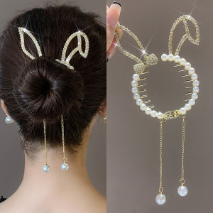 Luxury Rhinestone Fish Wings Rabbit Design Ponytail Hair Buckle Pearl Tassel Hair Clips for Women Girls