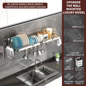 Nearra 65-105CM Adjustable Wall Mount Over Sink Dish Drainer Stainless Steel Kitchen Dish Storage Rack