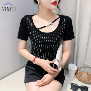 YIMEI Áo Cotton Nữ Cổ Vuông Đẹp Áo Ngắn Tay Mùa Hè Thiết Kế Cho Nữ Mùa Hè Áo Thun Màu Đen Hợp Thời Trang Mới Kim Cương Nổi Bật Áo Phông Ngắn Dáng Ôm 2023