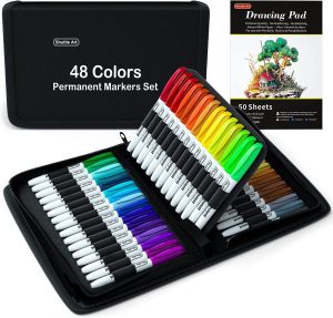 Shuttle Art Permanent Markers 48 Colors Fine Point Assorted Colors with Travel Case Ideal for Adults Coloring Doodling on Plastic Glass Wood and Stone Gift for Kids