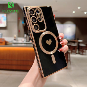 FLOVEME Plating Love Heart Printed Phone Case For Samsung Galaxy S23 S22 S21 Ultra S23+ S22+ S21+ Plus Wireless Charging Soft Silicone Shockproof Back Cover For Samsung S23 S22 S21