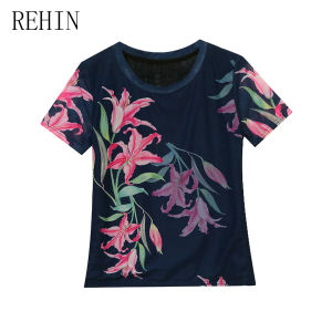 REHIN High Elastic Mesh Short Sleeve T-Shirt Summer Fashionable Printed Round Neck Slim Fit Elegant Womens Top