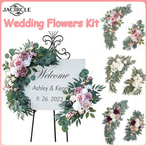 JACIRCLE Artificial Wedding Arch Flowers Kit Dusty Rose Blue Eucalyptus Garland Drapes for Wedding Decorations Welcome Sign