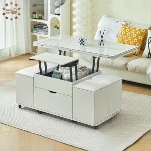 Lift Top Coffee Table Dining Table With 4 Stools Storage Movable Multifunction Space Saving Table For Living Room Home