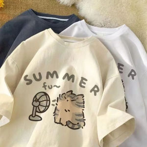[Local Stock] HBESTY  Korean Version Retro Minimalist Cat Printed Summer T-shirt Casual Loose Couple Thin Short Sleeves Women Men T Shirts