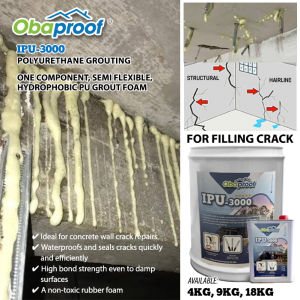 OBAPROOF IPU-3000 ONE COMPONENT SEMI FLEXIBLE HYDROPHOBIC PU GROUT / Polyurethane Grouting for waterproof injection into wall crack repair leak repair / Pembaikan Retak Dinding / Konkrit / Polyurethane Foam