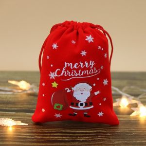 5PCS Red Christmas Velvet Bag - Xmas Candy Gift Snack Packaging Storage Drawstring Pouches Gift Bags